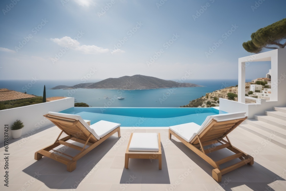 Two deck chairs on terrace with pool with stunning sea view. Traditional mediterranean white architecture. Summer vacation concept