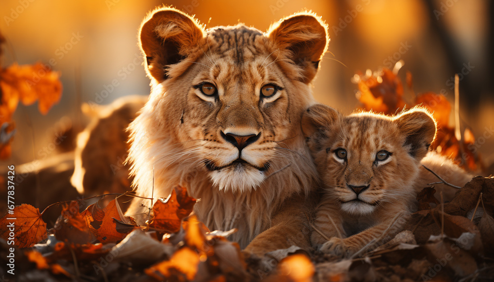 Obraz premium Lioness hiding in grass, sunset beauty in nature generated by AI