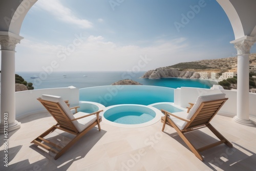 Two deck chairs on terrace with pool with stunning sea view. Traditional mediterranean white architecture. Summer vacation concept © Marko