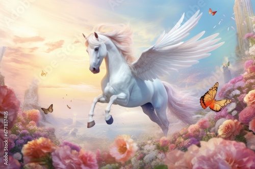 The beautiful winged mythical white horse Pegasus flying over colorful spring meadow. 
