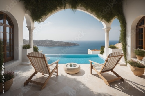Canvas-taulu Two deck chairs on terrace with pool with stunning sea view