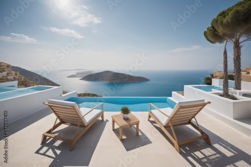Two deck chairs on terrace with pool with stunning sea view. Traditional mediterranean white architecture. Summer vacation concept © Marko