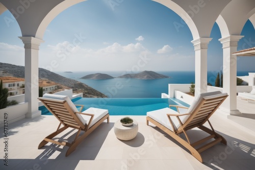 Two deck chairs on terrace with pool with stunning sea view. Traditional mediterranean white architecture. Summer vacation concept