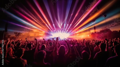 silhouette of concert crowd in front of bright stage lights. Dark background, smoke, concert spotlights