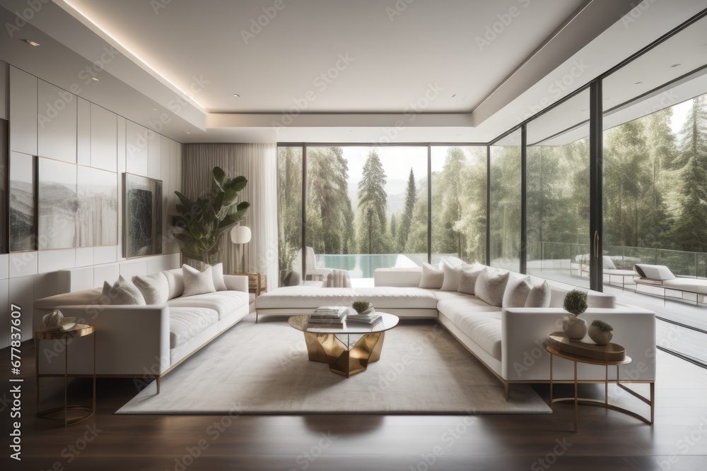White sofa against floor to ceiling window. Hollywood glam, mid-century style home interior design of modern living room in villa in forest 