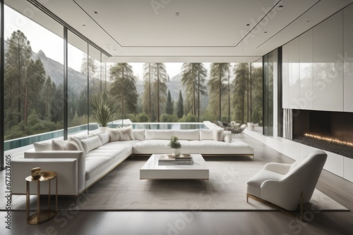 White sofa against floor to ceiling window. Hollywood glam, mid-century style home interior design of modern living room in villa in forest  © Marko