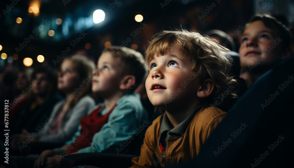 Smiling boys and girls sitting indoors, enjoying a cheerful movie generated by AI