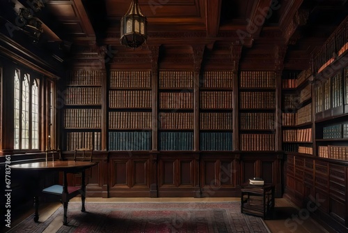 A Tudor style house's vintage library, adorned with classic bookshelves and antique design elements