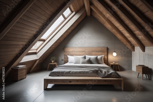  Wooden bed near concrete wall. Interior design of modern bedroom in attic with vaulted ceiling