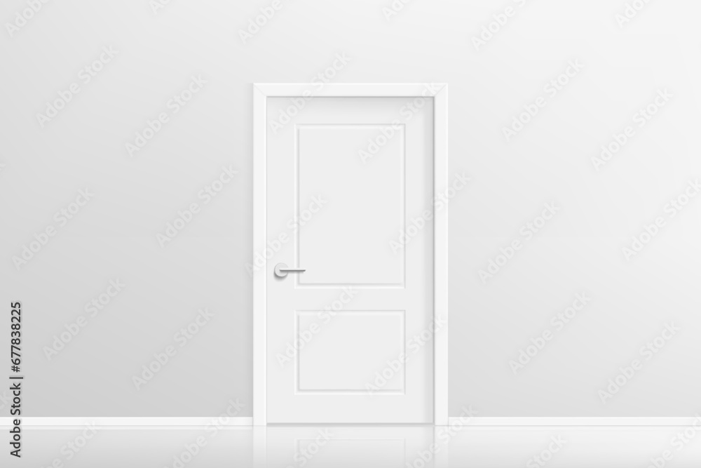 Closed door in bright interior with mirror on a floor. Realistic 3d style vector illustration Closed door in bright interior with mirror on a floor. Realistic 3d style vector illustration