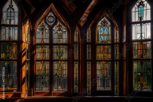 A view through the leaded glass windows of a Tudor style house, capturing the warmth and character of the interior