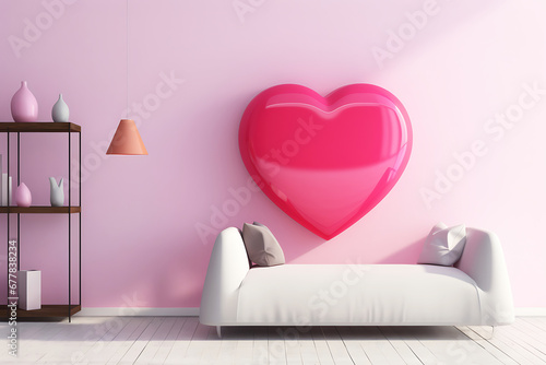 A large pink heart against a pink wall in a large bright room