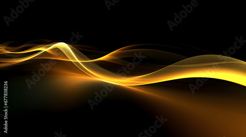 Golden light tails on black background, a yellow light wave on a dark backdrop, glowing golden elegance © Marc