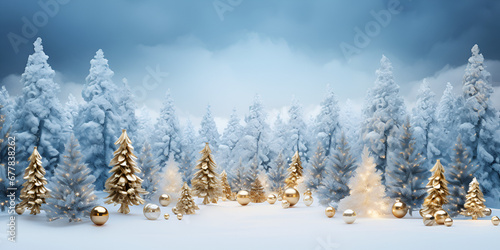 Christmas tree and Christmas lights on abstract snowy landscape background, concept with advertising space. Snow-Covered Christmas Tree in a Forest Setting, with a Blurred AI Generative 