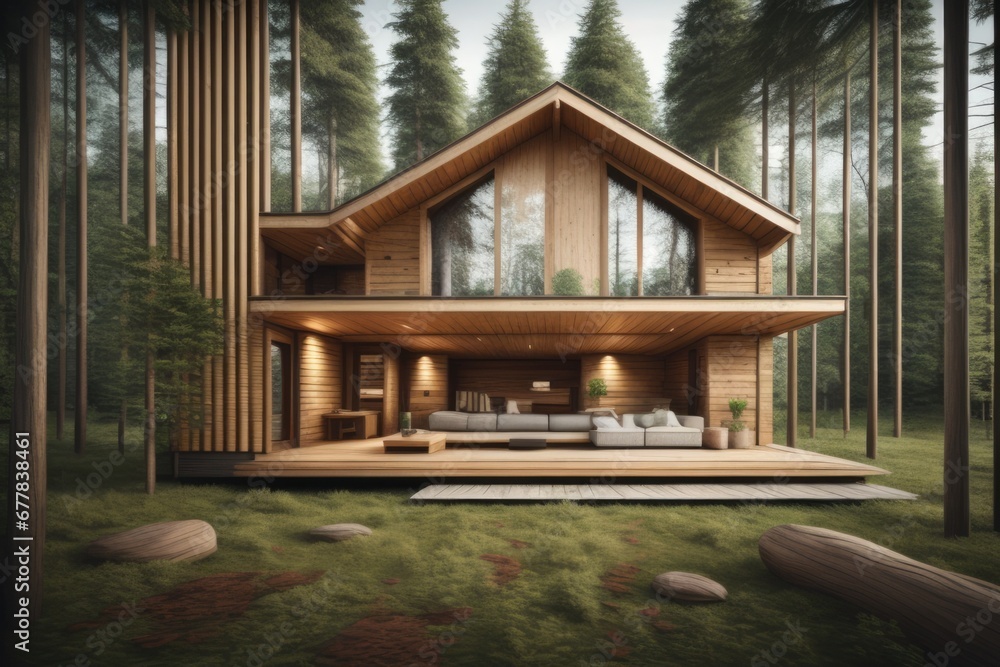 Wooden house in forest, Interior design of modern living room with wooden lining Wooden house in forest, Interior design of modern living room with wooden lining