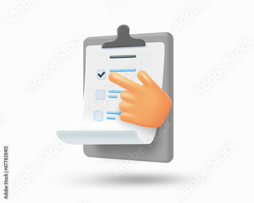 Clipboard with pointing hand isolated on white background. Business agenda concept.3d vecror illustration
