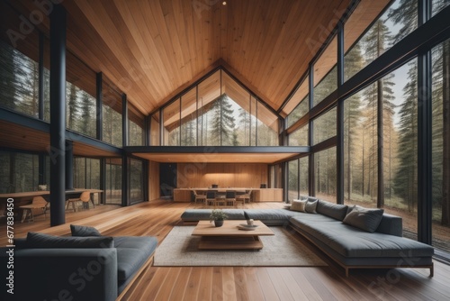 Wooden house in forest, Interior design of modern living room with wooden lining © Marko