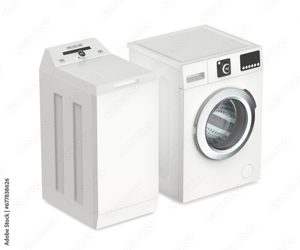 Front and top load washing machines on white background Front and top load washing machines on white background