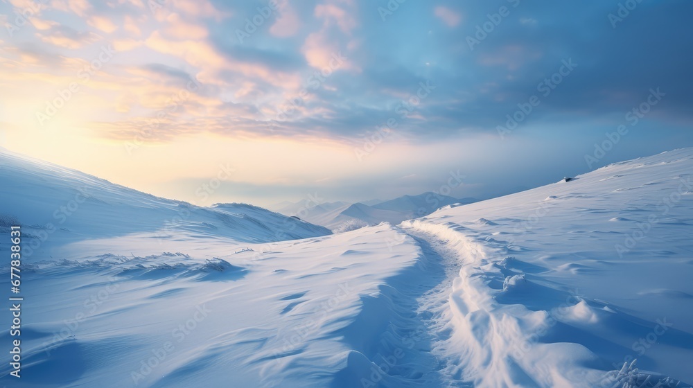 Snowy peaceful winter landscape with clouds over the snow