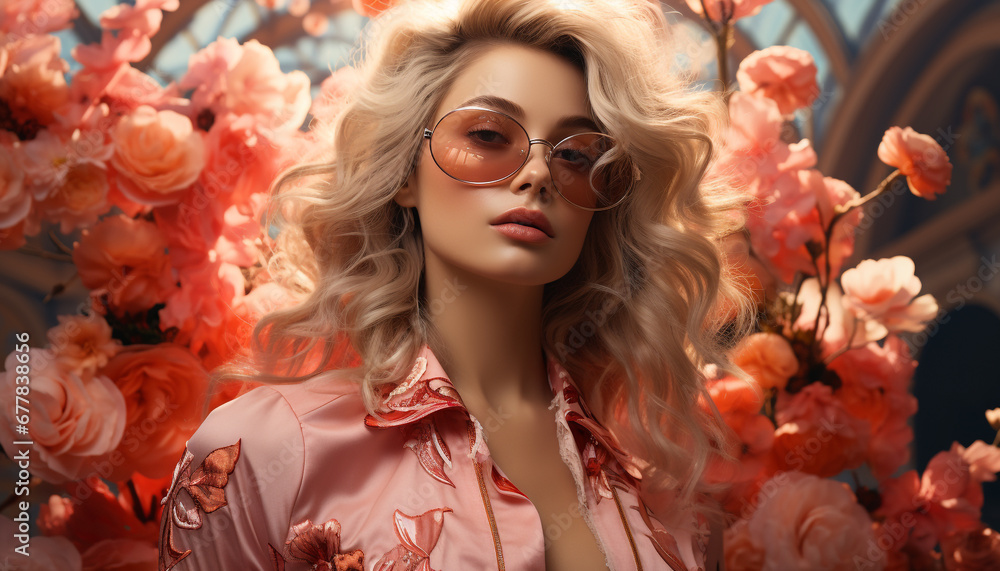 Young woman with blond hair and sunglasses smiling generated by AI Young woman with blond hair and sunglasses smiling generated by AI