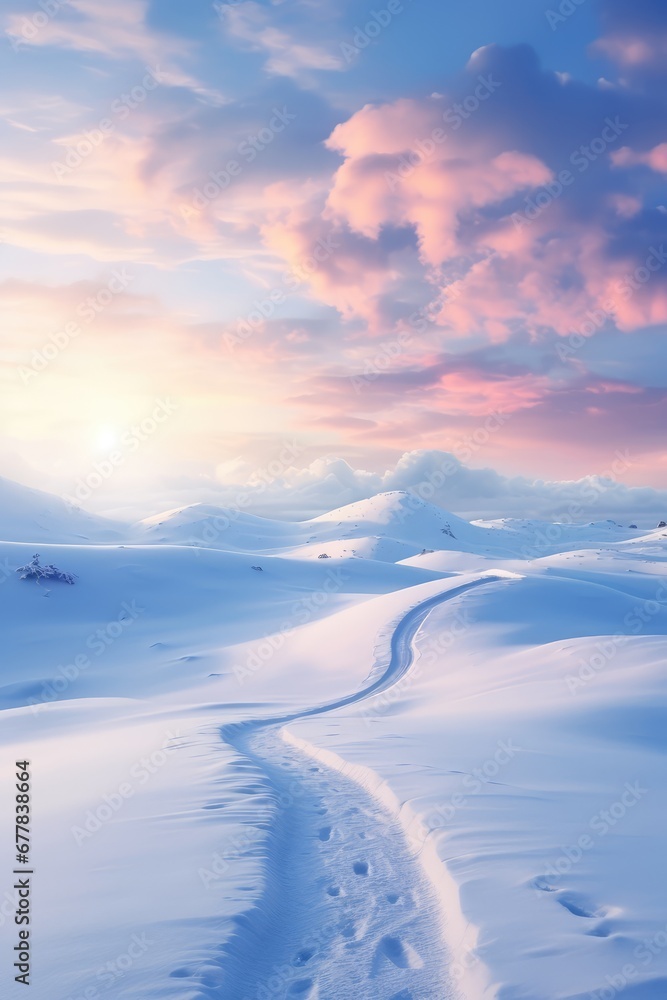 Snowy peaceful winter landscape with clouds over the snow