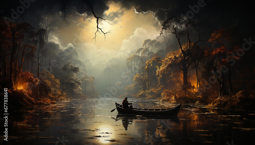 Silhouette of fisherman rowing in fog  mysterious beauty in nature generated by AI