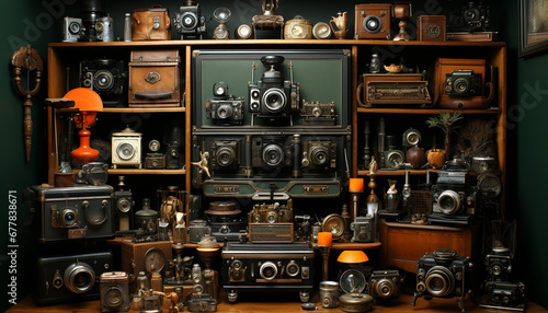 Antique camera, old equipment, obsolete lens, nostalgic photography collection generated by AI photo