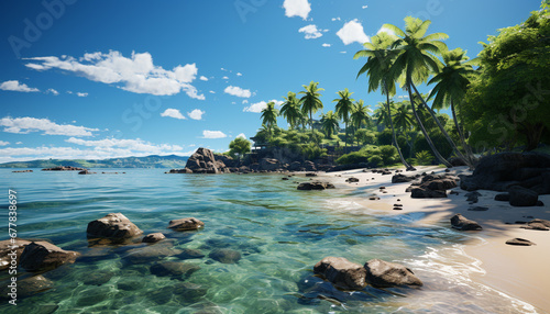 Idyllic tropical coastline, turquoise waters, palm trees, and mountains generated by AI