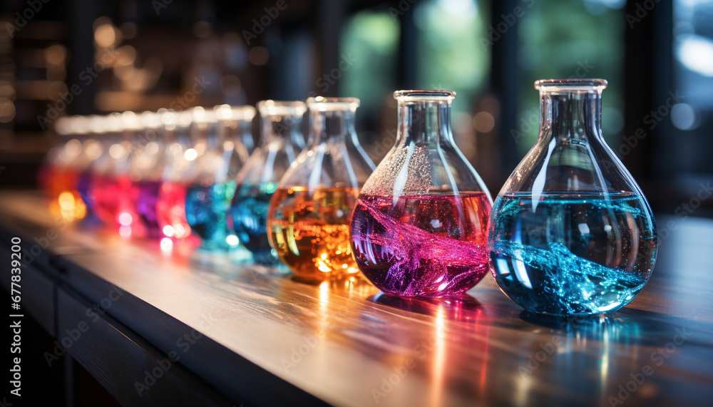 Scientific experiment liquid in glass beaker, close up, laboratory research generated by AI Scientific experiment liquid in glass beaker, close up, laboratory research generated by AI