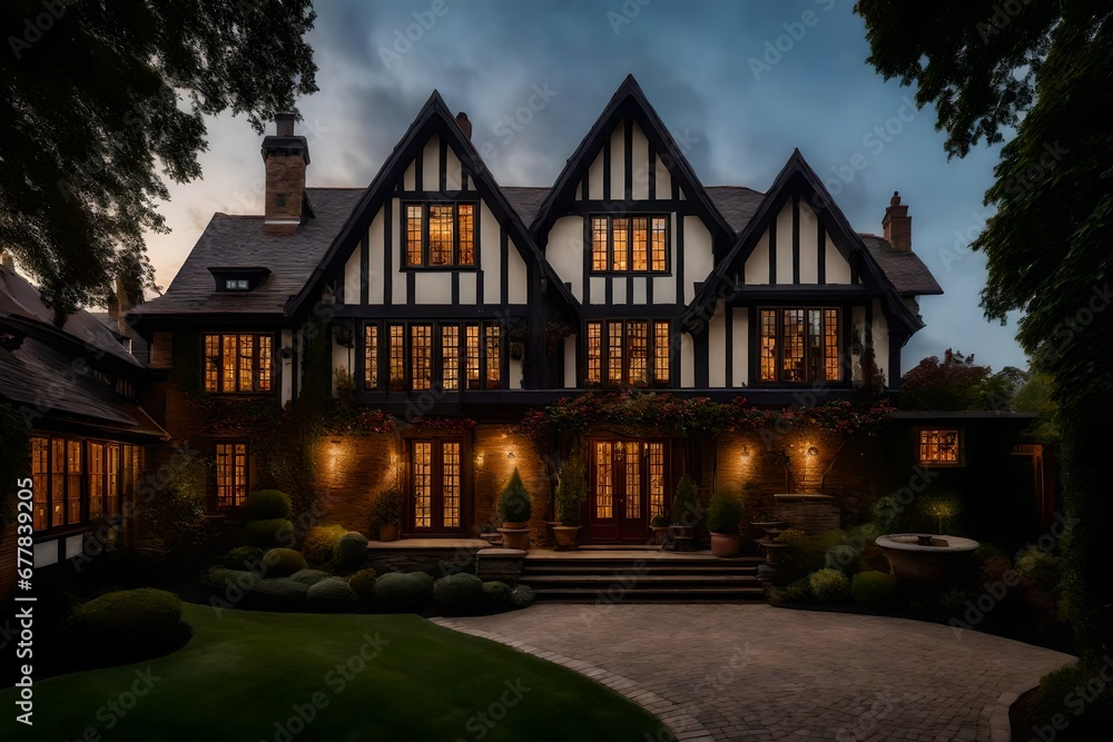The harmonious blend of historical aesthetics and Tudor design in a house's exterior, with a focus on timeless beauty The harmonious blend of historical aesthetics and Tudor design in a house's exterior, with a focus on timeless beauty