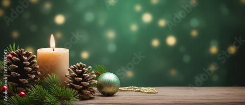 Christmas - Banner Of 1 candle and xmas ornament, Pine-cones And green Spruce Branches minimal green background and lights in the back, with empty copy space photo