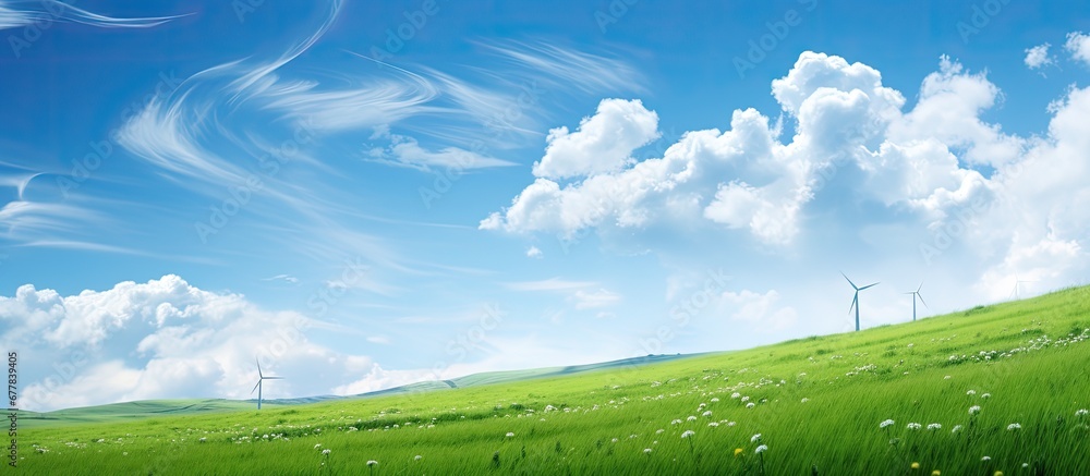 Fototapeta premium As the wind swept through the green grass fields the blue sky above showcased the harmonious blend of nature and technology where innovative energy solutions preserved the environment on a 
