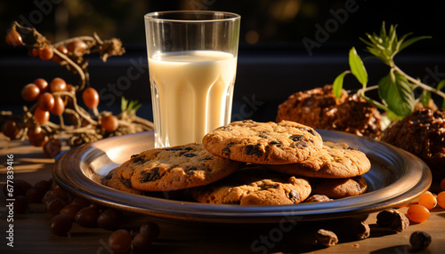 Homemade chocolate chip cookies on rustic wooden table generated by AI