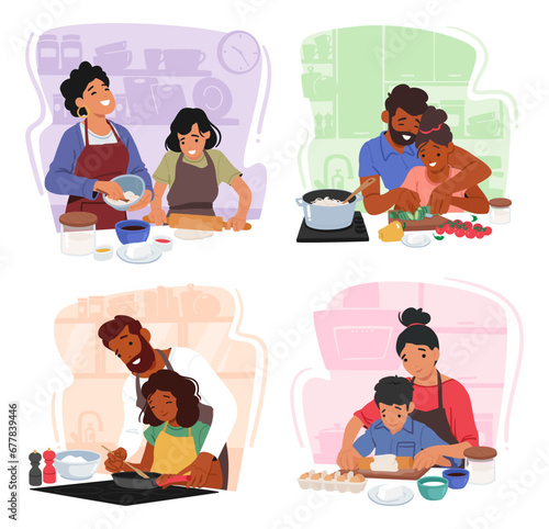 In A Cozy Kitchen, Parents And Children Collaborate, Laughter Filling The Air. Together, They Chop, Stir, And Bake