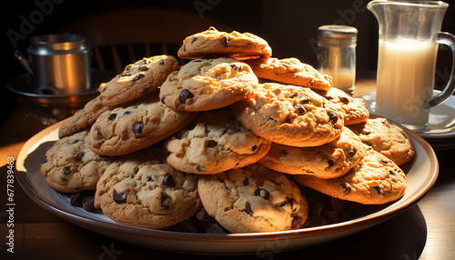Stack of homemade chocolate chip cookies on wooden table generated by AI