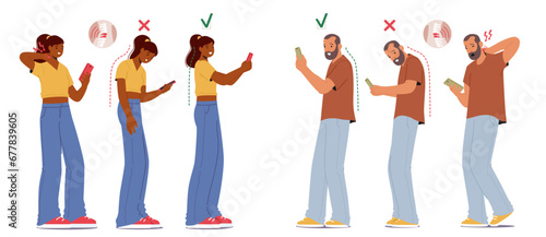 Characters With Mobiles Perform Wrong Posture, Hunched Over Phones, Causing Neck Pain. Correct Posture photo