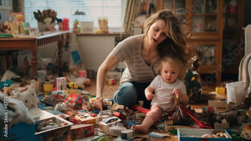 A mother sitting on the floor with her baby amidst a chaotic spread of toys, snacks, and household items, conveying a sense of overwhelming clutter and disarray in a living space. photo