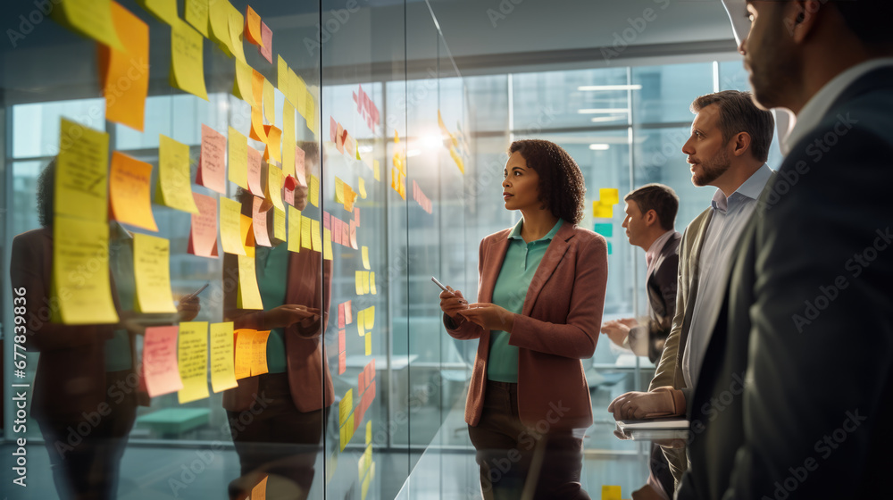 A professional team engaged in a brainstorming session, using colorful sticky notes on a glass wall to organize their ideas and strategies. - obrazy, fototapety, plakaty 