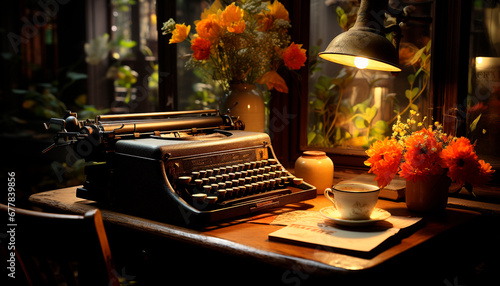 Typewriter table  old fashioned indoors Old antique wood material close up nostalgia generated by AI
