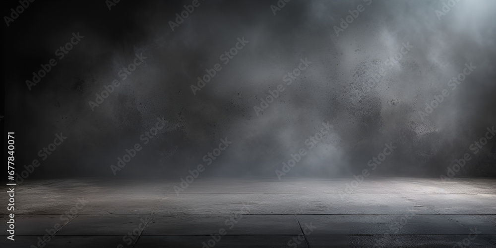Smoke on dark wood background, black Friday background Dark room or stage with concrete floor background for product placement. Panoramic view of the abstract fog. AI Generative