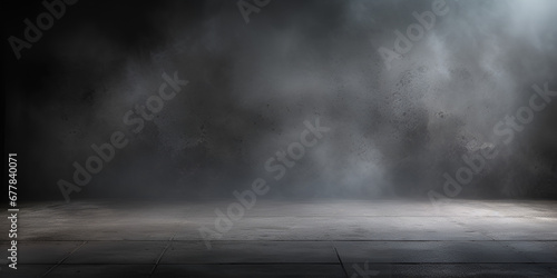 Smoke on dark wood background, black Friday background Dark room or stage with concrete floor background for product placement. Panoramic view of the abstract fog. AI Generative photo