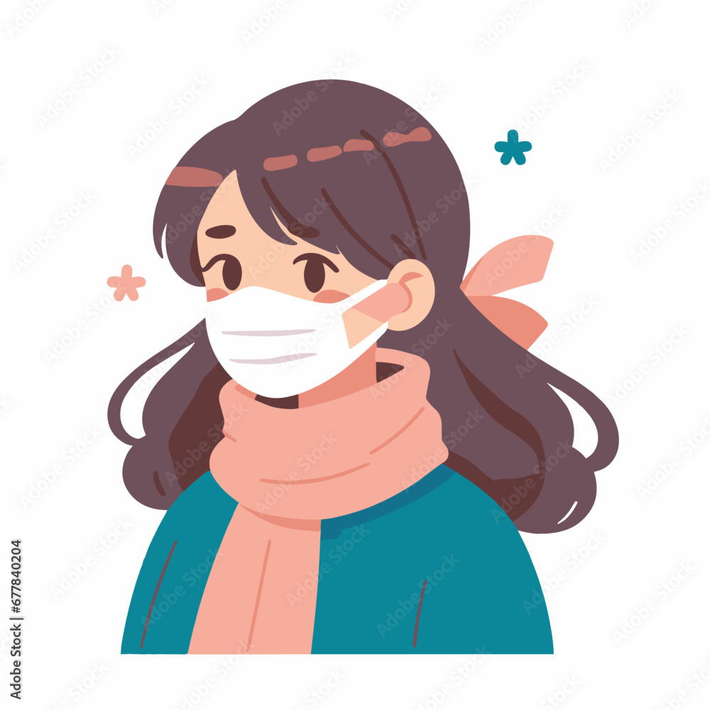 young woman wearing scarf mask because of cough and fever flat simple vector illustrations on white background young woman wearing scarf mask because of cough and fever flat simple vector illustrations on white background