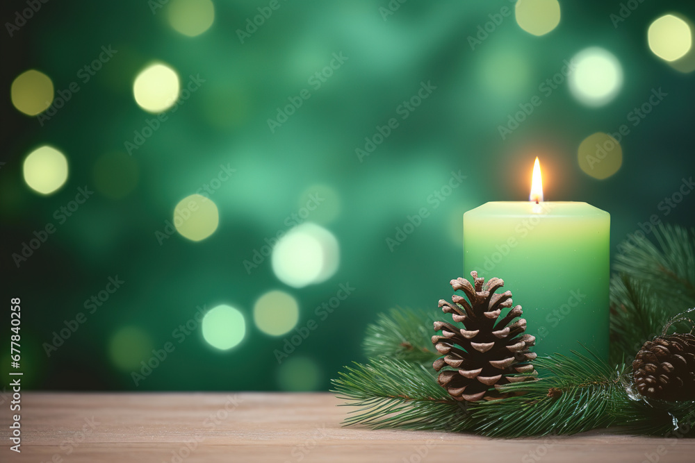 Christmas - Banner Of 1 candle and xmas ornament, Pine-cones And green Spruce Branches minimal green background and lights in the back, with empty copy space Christmas - Banner Of 1 candle and xmas ornament, Pine-cones And green Spruce Branches minimal green background and lights in the back, with empty copy space