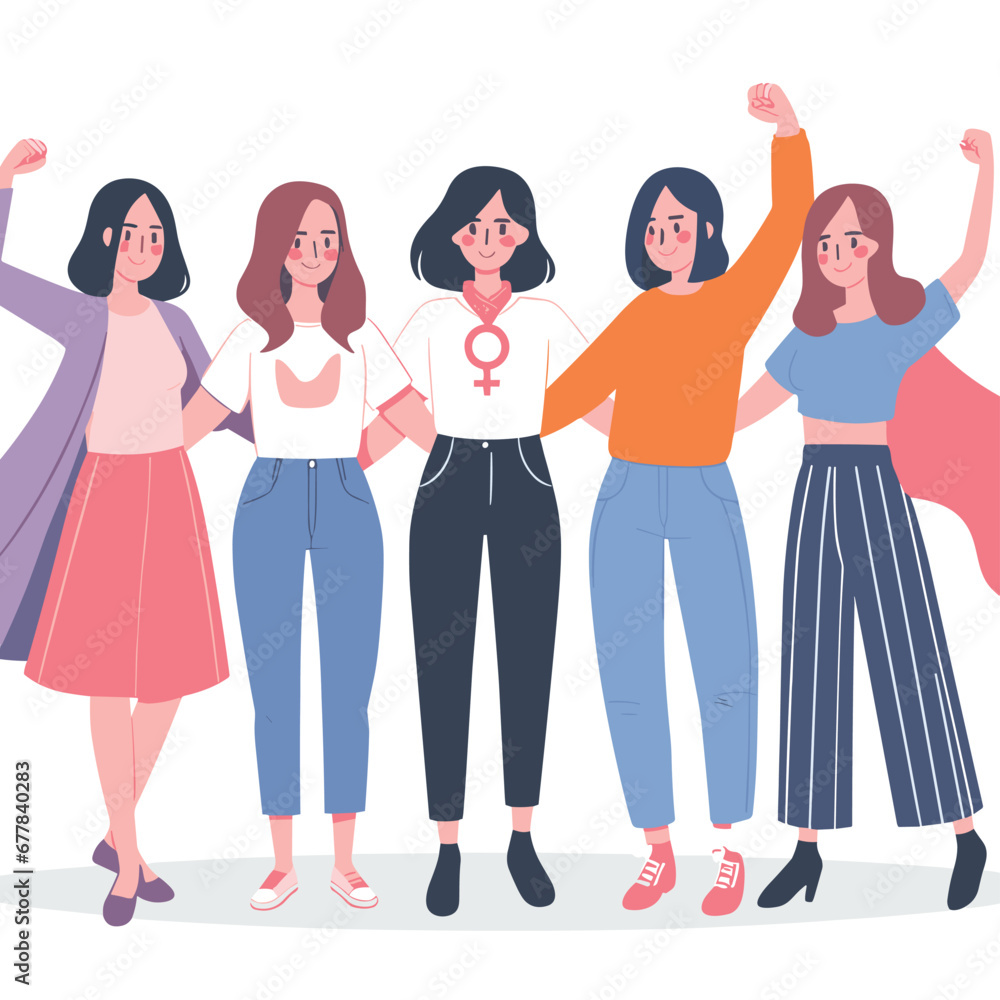 Gang of woman girl unite feminism happy together smile vector illustrations on white background Gang of woman girl unite feminism happy together smile vector illustrations on white background