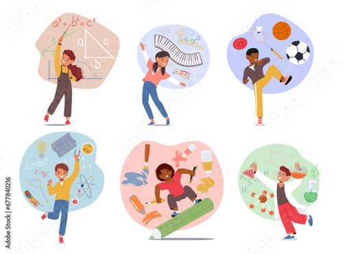 Children Learn Various School Subjects. Geometry, Physics, Chemistry Science, Music, Painting, And Sport