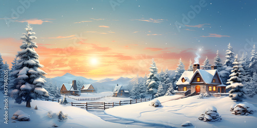 Fantastic winter landscape with wooden house in snow with sunset Snowy Christmas background. AI Generative © kalsoom