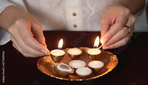 Hand holding candle illuminates spirituality and symbolizes love and peace generated by AI