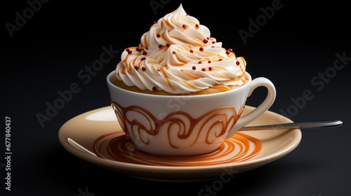 Coffee cup with an intricate caramel design and a whipped cream. AI generate illustration