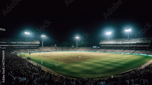 Cricket ground during a day-night match wide-angle photography, with stadium lights illuminating the field and players in action