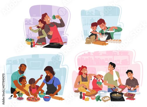 In A Warm Kitchen Parents And Kids Characters Collaborate Joyfully, Mixing, Stirring, And Bonding Over Delicious Recipes